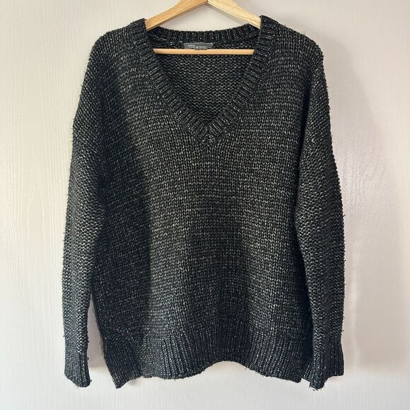 Vince Wool Silk Blend V-Neck Sweater Drop Shoulder Rib Knit Black Heather Medium - Picture 1 of 5